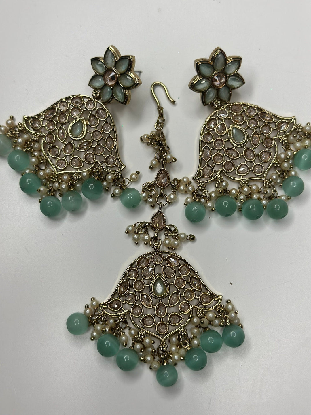 Izhaar Indian Mint Color Polki Reverse AD Necklace with Earrings Tikka/ Wedding Jewelry/ Traditional Jewelry/Wedding/Reverse AD.