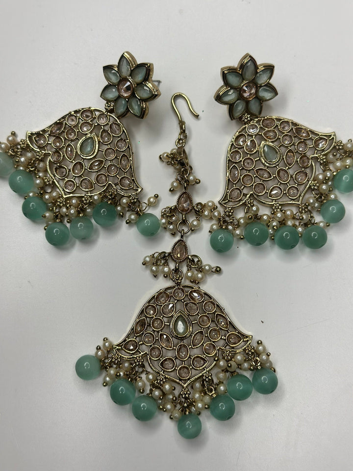 Izhaar Indian Mint Color Polki Reverse AD Necklace with Earrings Tikka/ Wedding Jewelry/ Traditional Jewelry/Wedding/Reverse AD.
