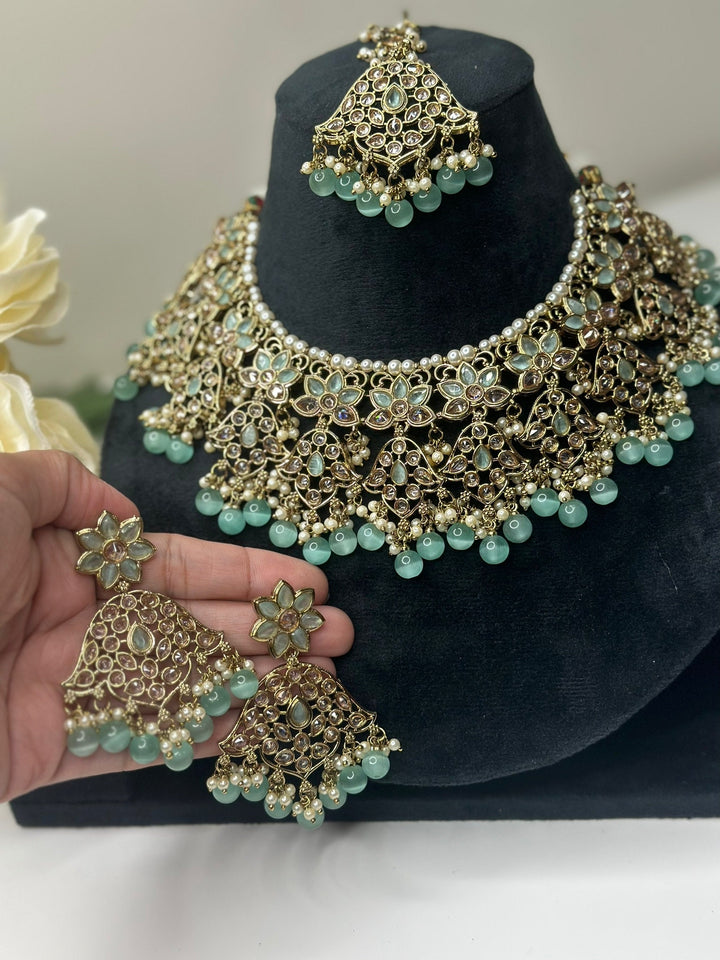 Izhaar Indian Mint Color Polki Reverse AD Necklace with Earrings Tikka/ Wedding Jewelry/ Traditional Jewelry/Wedding/Reverse AD.