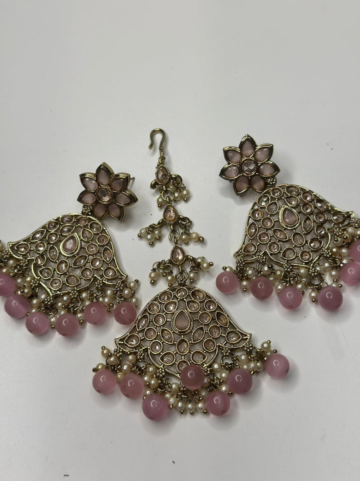 Izhaar Indian L. Pink Color Polki Reverse AD Necklace with Earrings Tikka/ Wedding Jewelry/ Traditional Jewelry/Wedding/Reverse AD.