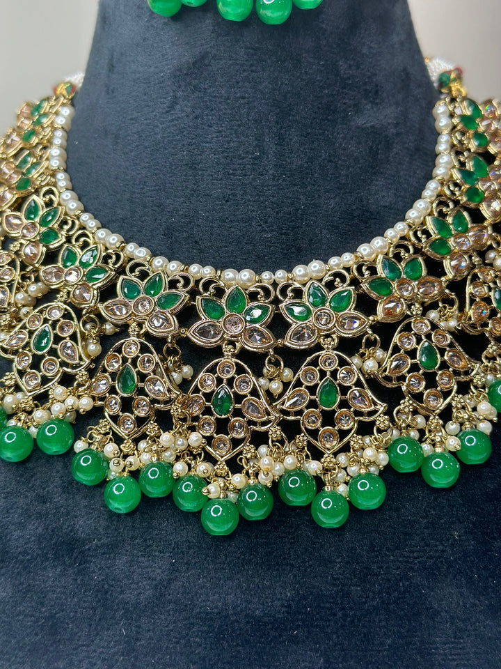 Izhaar Indian Green Color Polki Reverse AD Necklace with Earrings Tikka/ Wedding Jewelry/ Traditional Jewelry/Wedding/Reverse AD.