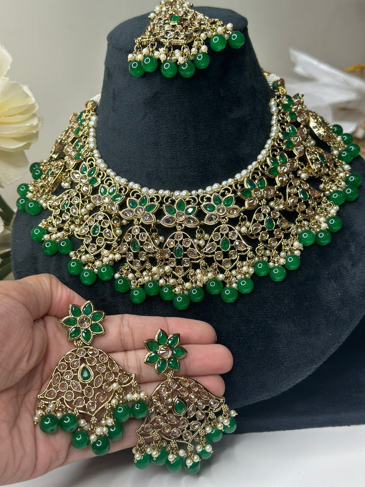 Izhaar Indian Green Color Polki Reverse AD Necklace with Earrings Tikka/ Wedding Jewelry/ Traditional Jewelry/Wedding/Reverse AD.