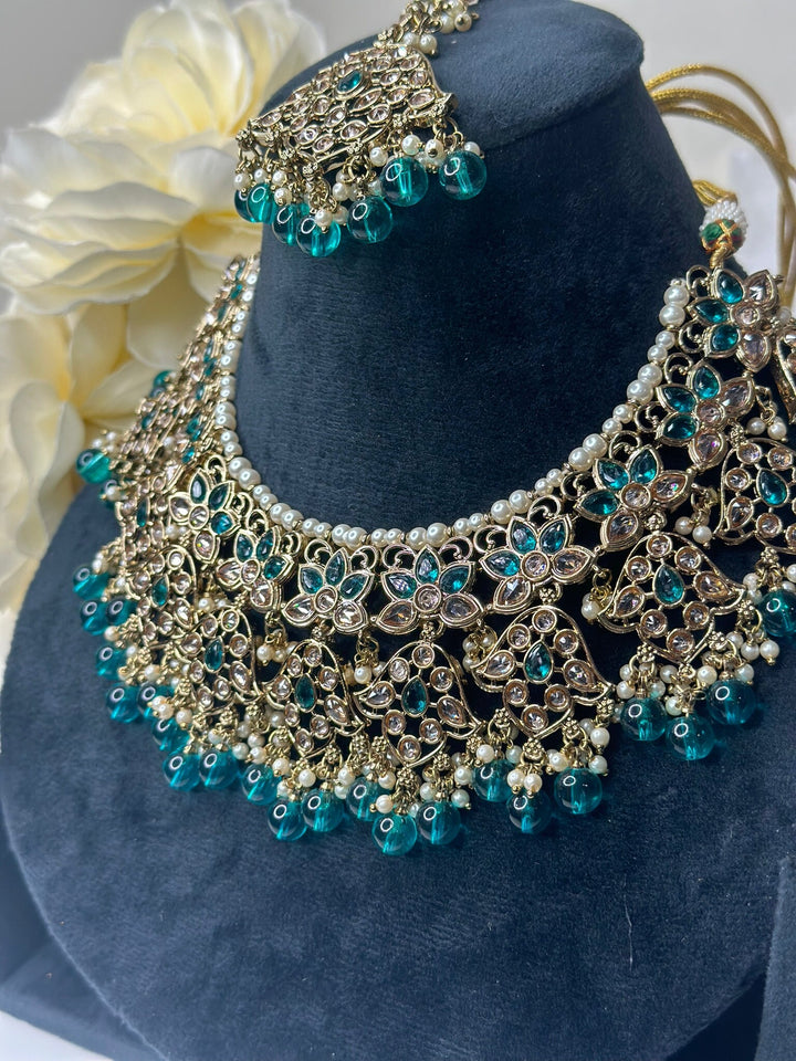 Izhaar Indian Radium Color Polki Reverse AD Necklace with Earrings Tikka/ Wedding Jewelry/ Traditional Jewelry/Wedding/Reverse AD.