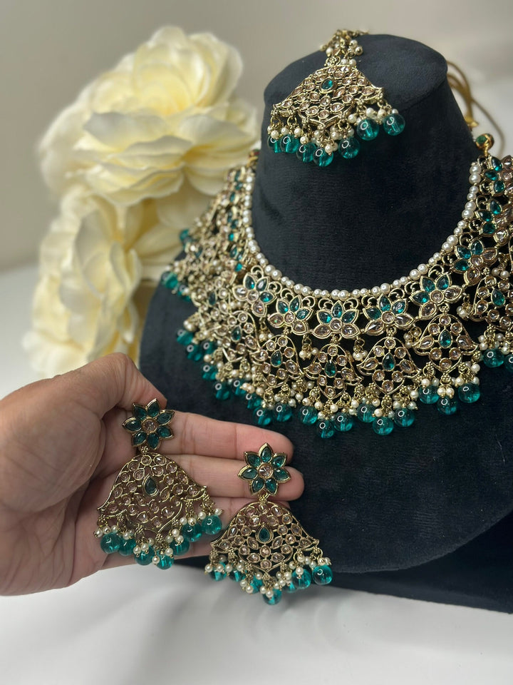 Izhaar Indian Radium Color Polki Reverse AD Necklace with Earrings Tikka/ Wedding Jewelry/ Traditional Jewelry/Wedding/Reverse AD.
