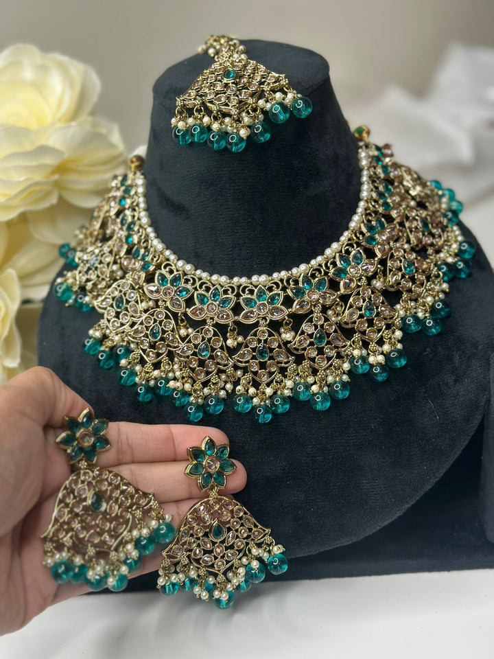 Izhaar Indian Radium Color Polki Reverse AD Necklace with Earrings Tikka/ Wedding Jewelry/ Traditional Jewelry/Wedding/Reverse AD.