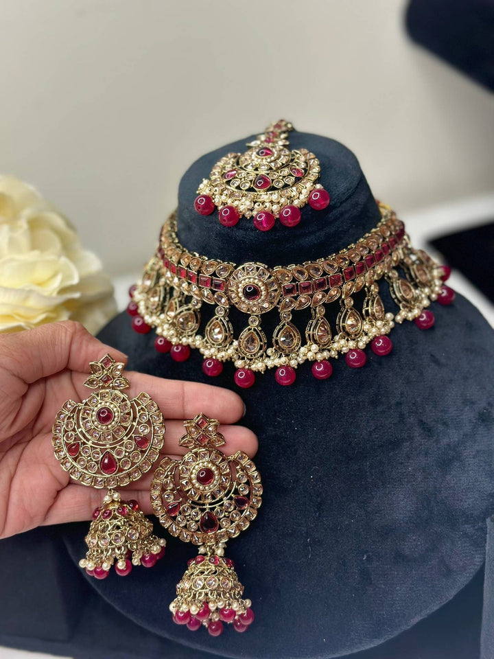 Izhaar Indian Pink Color Polki Reverse AD Necklace with Earrings Tikka/ Wedding Jewelry/ Traditional Jewelry/Wedding/Reverse AD.