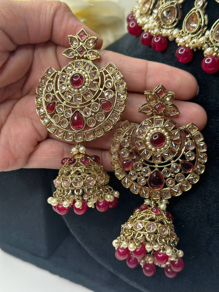 Izhaar Indian Pink Color Polki Reverse AD Necklace with Earrings Tikka/ Wedding Jewelry/ Traditional Jewelry/Wedding/Reverse AD.