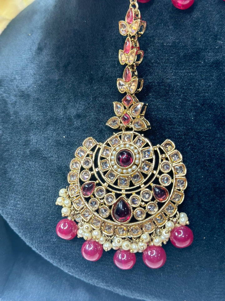 Izhaar Indian Pink Color Polki Reverse AD Necklace with Earrings Tikka/ Wedding Jewelry/ Traditional Jewelry/Wedding/Reverse AD.