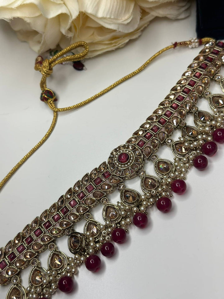 Izhaar Indian Pink Color Polki Reverse AD Necklace with Earrings Tikka/ Wedding Jewelry/ Traditional Jewelry/Wedding/Reverse AD.