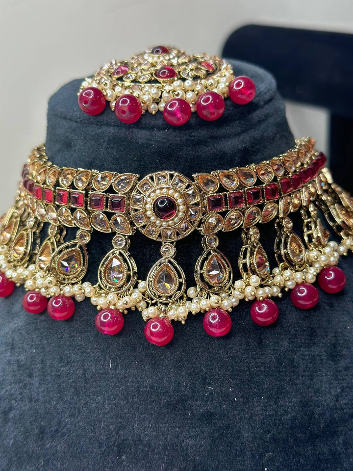 Izhaar Indian Pink Color Polki Reverse AD Necklace with Earrings Tikka/ Wedding Jewelry/ Traditional Jewelry/Wedding/Reverse AD.