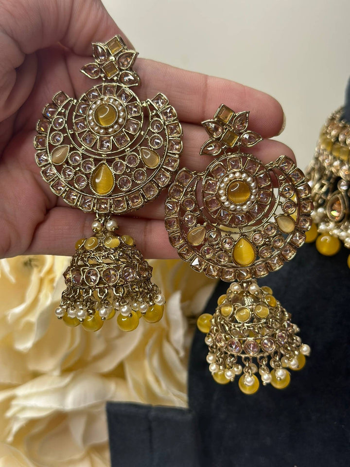 Izhaar Indian Yellow Color Polki Reverse AD Necklace with Earrings Tikka/ Wedding Jewelry/ Traditional Jewelry/Wedding/Reverse AD.