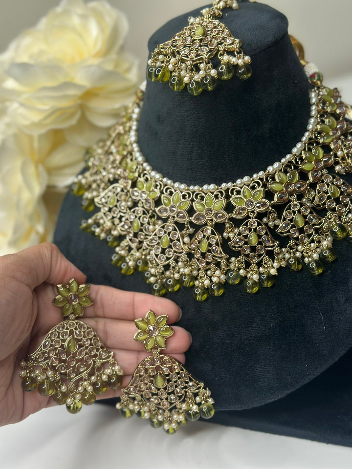 Izhaar Indian Mehendi Color Polki Reverse AD Necklace with Earrings Tikka/ Wedding Jewelry/ Traditional Jewelry/Wedding/Reverse AD.