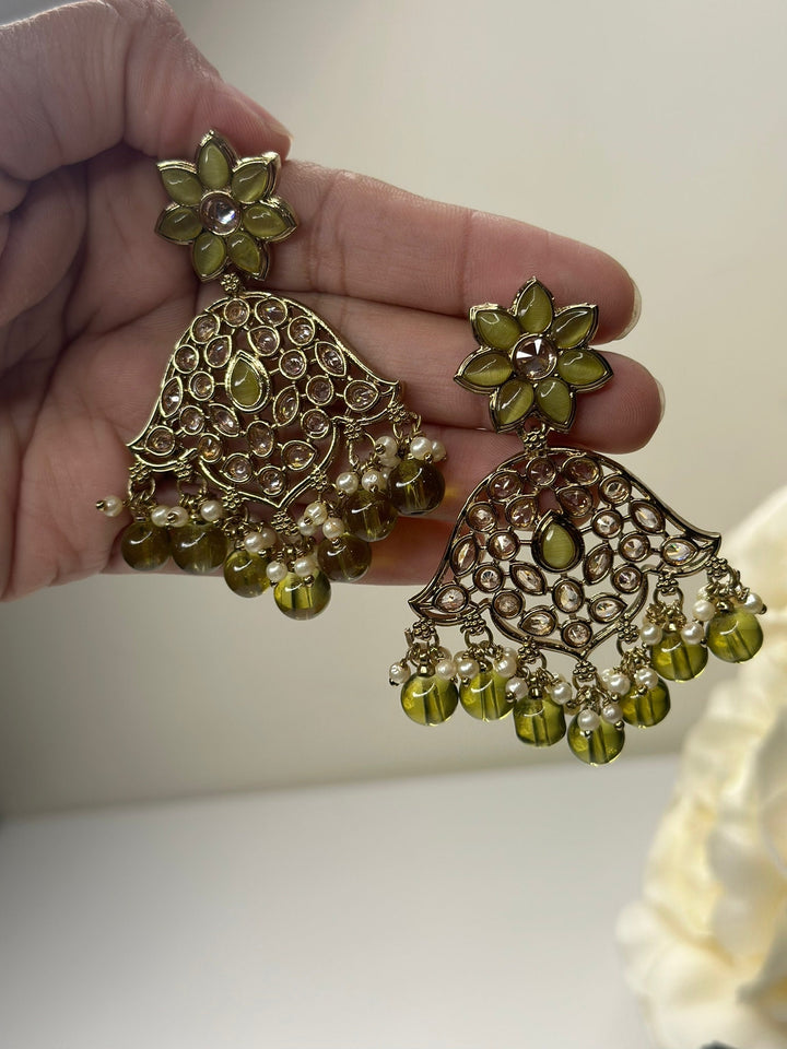 Izhaar Indian Mehendi Color Polki Reverse AD Necklace with Earrings Tikka/ Wedding Jewelry/ Traditional Jewelry/Wedding/Reverse AD.