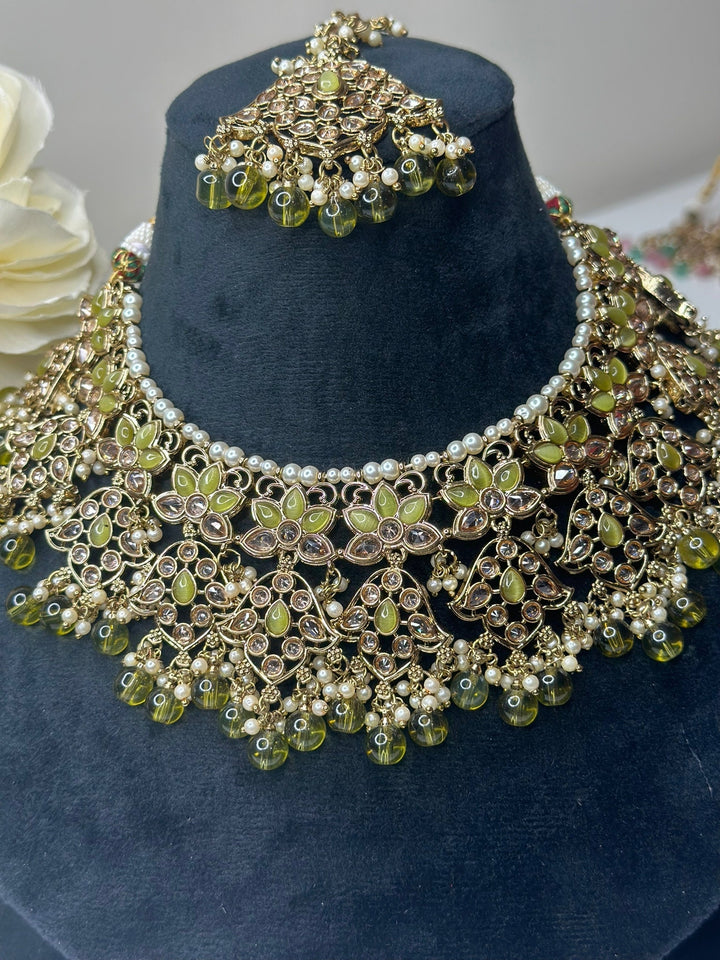 Izhaar Indian Mehendi Color Polki Reverse AD Necklace with Earrings Tikka/ Wedding Jewelry/ Traditional Jewelry/Wedding/Reverse AD.