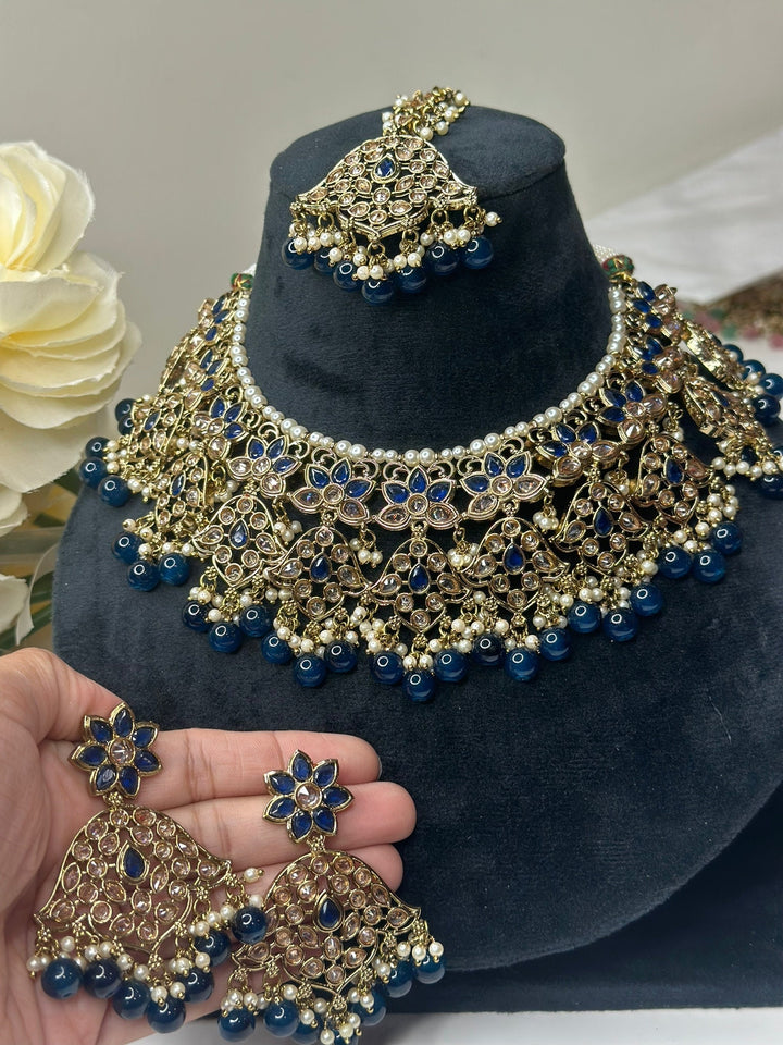Izhaar Indian D. Blue Color Polki Reverse AD Necklace with Earrings Tikka/ Wedding Jewelry/ Traditional Jewelry/Wedding/Reverse AD.
