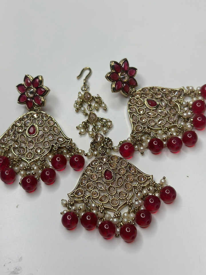 Izhaar Indian Pink Color Polki Reverse AD Necklace with Earrings Tikka/ Wedding Jewelry/ Traditional Jewelry/Wedding/Reverse AD.