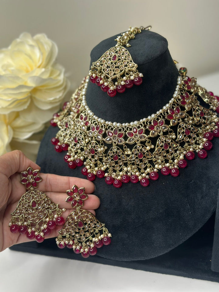 Izhaar Indian Pink Color Polki Reverse AD Necklace with Earrings Tikka/ Wedding Jewelry/ Traditional Jewelry/Wedding/Reverse AD.