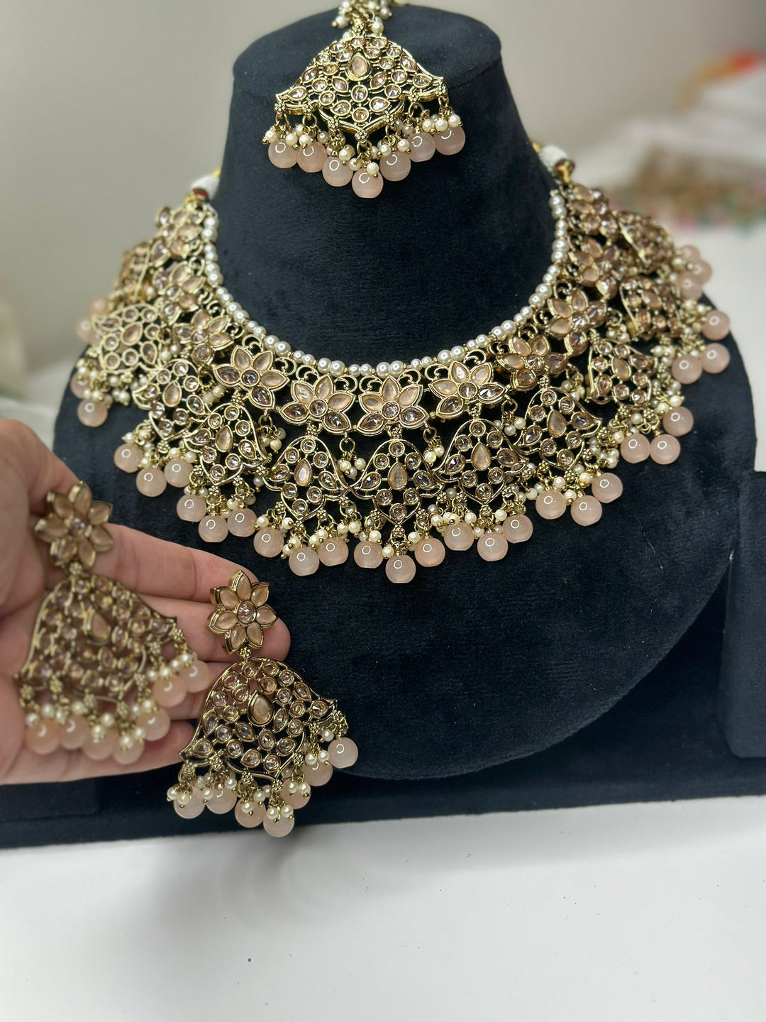 Izhaar Indian Peach Color Polki Reverse AD Necklace with Earrings Tikka/ Wedding Jewelry/ Traditional Jewelry/Wedding/Reverse AD.