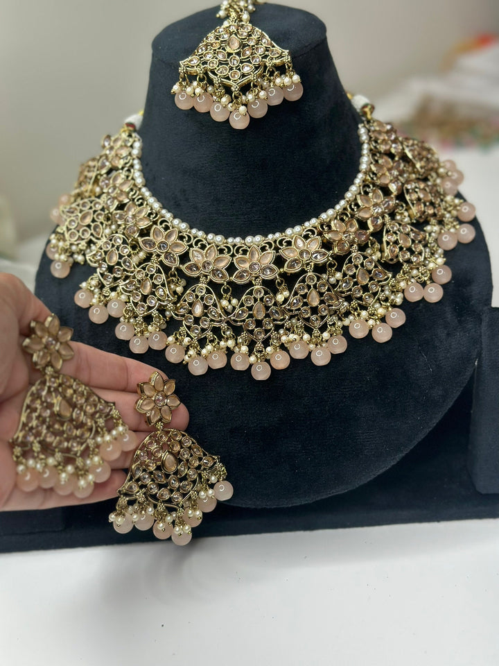 Izhaar Indian Peach Color Polki Reverse AD Necklace with Earrings Tikka/ Wedding Jewelry/ Traditional Jewelry/Wedding/Reverse AD.