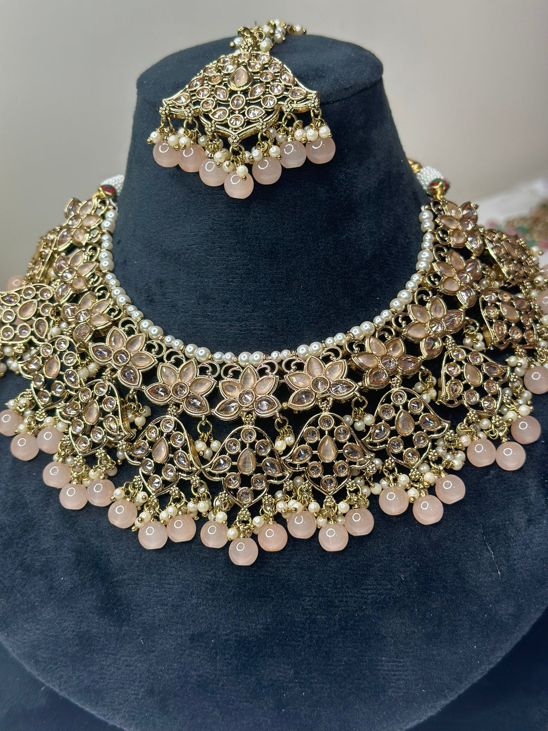Izhaar Indian Peach Color Polki Reverse AD Necklace with Earrings Tikka/ Wedding Jewelry/ Traditional Jewelry/Wedding/Reverse AD.