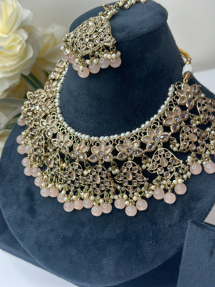 Izhaar Indian Peach Color Polki Reverse AD Necklace with Earrings Tikka/ Wedding Jewelry/ Traditional Jewelry/Wedding/Reverse AD.