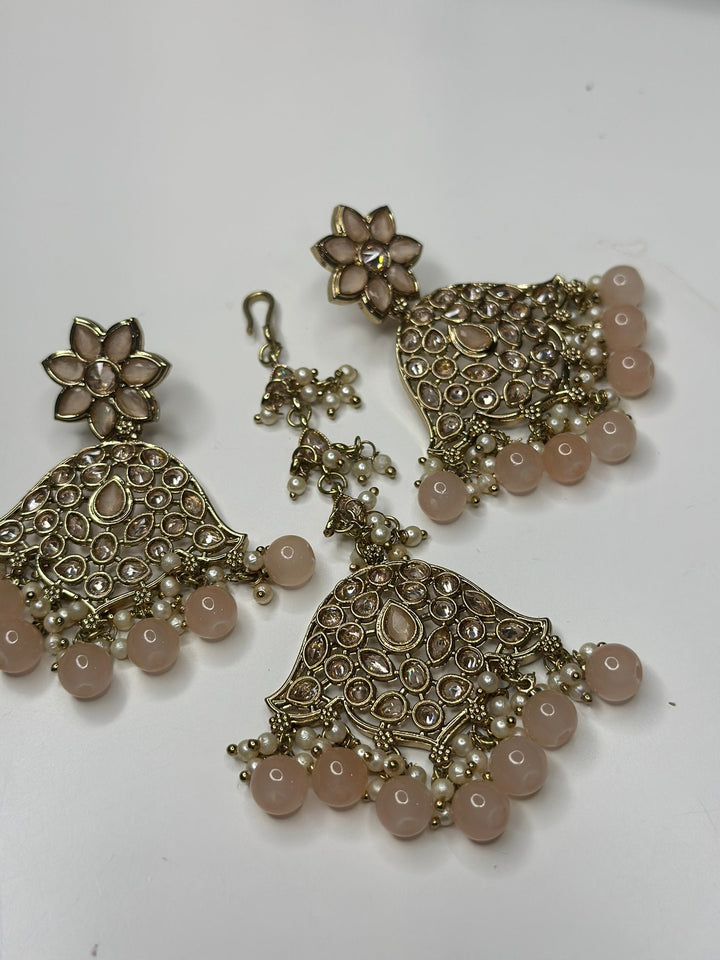 Izhaar Indian Peach Color Polki Reverse AD Necklace with Earrings Tikka/ Wedding Jewelry/ Traditional Jewelry/Wedding/Reverse AD.