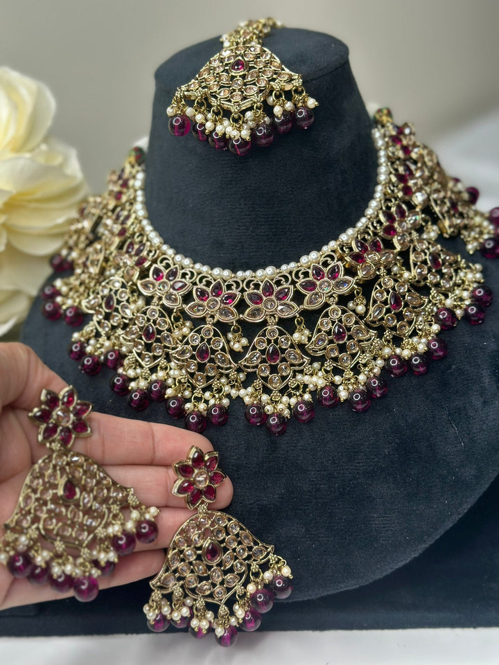 Izhaar Indian D. Purple Color Polki Reverse AD Necklace with Earrings Tikka/ Wedding Jewelry/ Traditional Jewelry/Wedding/Reverse AD.
