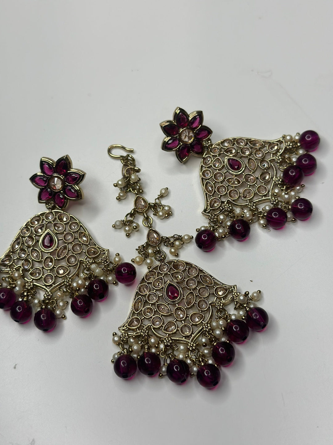 Izhaar Indian D. Purple Color Polki Reverse AD Necklace with Earrings Tikka/ Wedding Jewelry/ Traditional Jewelry/Wedding/Reverse AD.