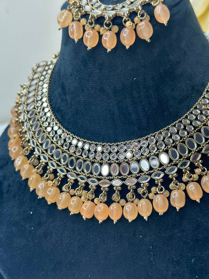 Izhaar Indian Peach Polki Kundan Necklace with Earrings Tikka / Wedding Jewelry/ Traditional Jewelry/ Sheesha Kundan/ Indian Pakistani set