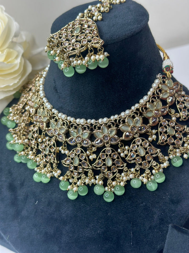 Izhaar Indian L. Green Color Polki Reverse AD Necklace with Earrings Tikka/ Wedding Jewelry/ Traditional Jewelry/Wedding/Reverse AD.