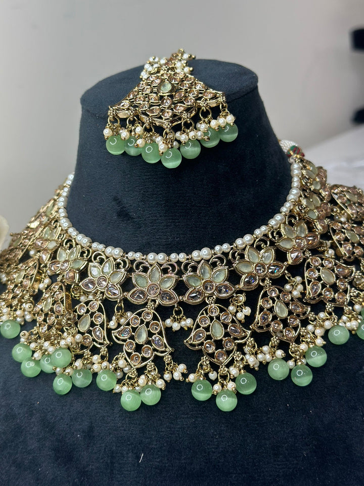 Izhaar Indian L. Green Color Polki Reverse AD Necklace with Earrings Tikka/ Wedding Jewelry/ Traditional Jewelry/Wedding/Reverse AD.