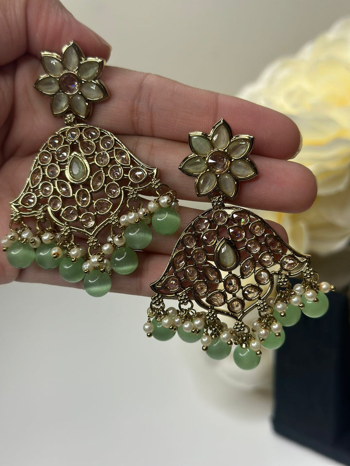 Izhaar Indian L. Green Color Polki Reverse AD Necklace with Earrings Tikka/ Wedding Jewelry/ Traditional Jewelry/Wedding/Reverse AD.