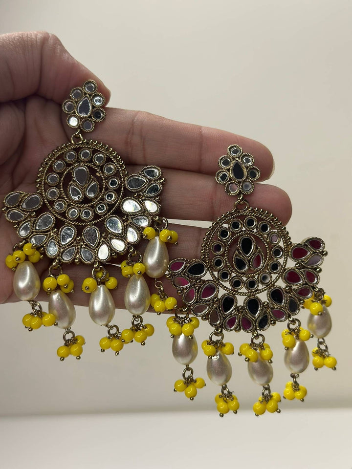 Izhaar Indian Yellow Polki Kundan Necklace with Earrings Tikka / Wedding Jewelry/ Traditional Jewelry/ Sheesha Kundan/ Indian Pakistani set