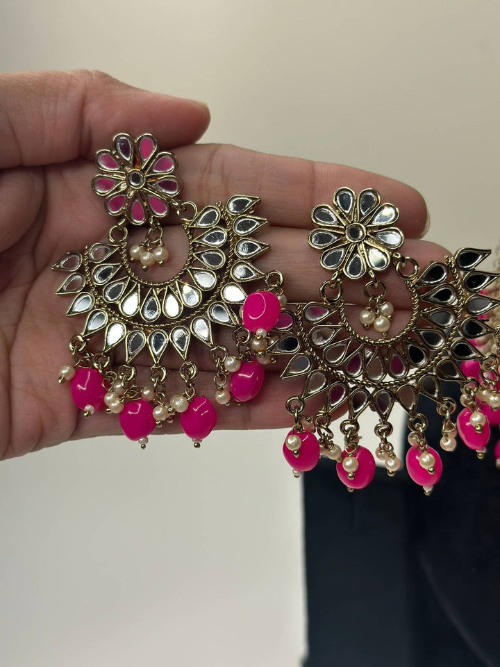 Izhaar Indian Pink Polki Kundan Necklace with Earrings Tikka / Wedding Jewelry/ Traditional Jewelry/ Sheesha Kundan/ Indian Pakistani set