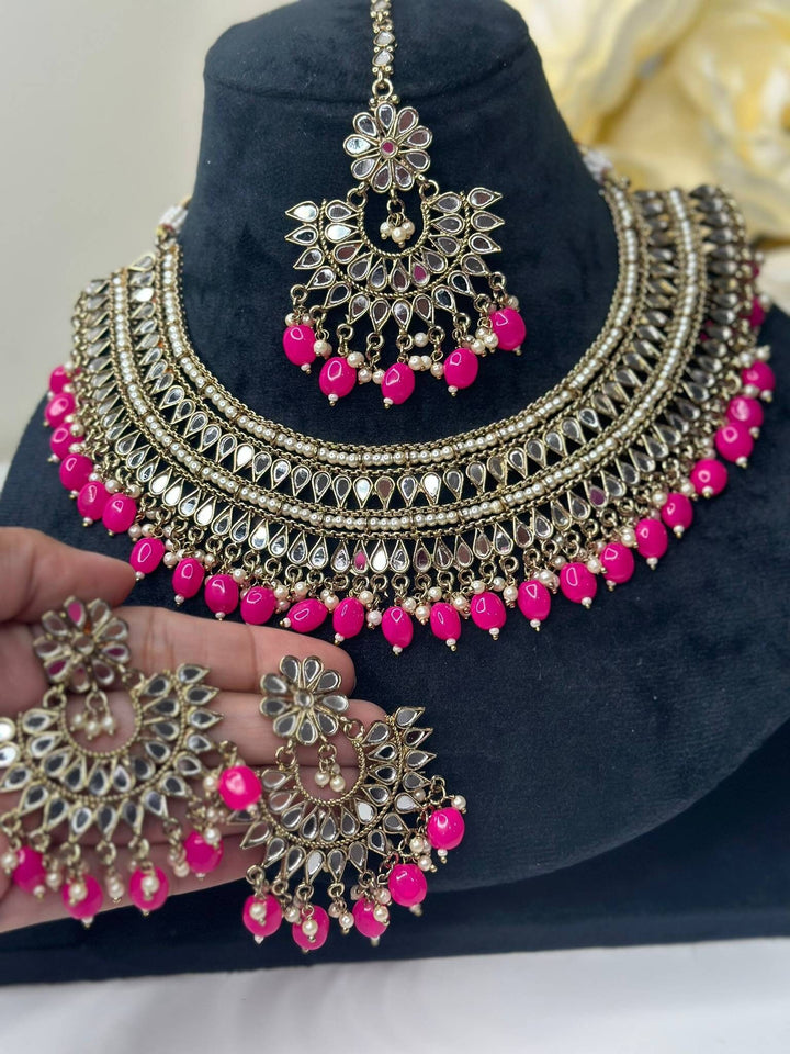 Izhaar Indian Pink Polki Kundan Necklace with Earrings Tikka / Wedding Jewelry/ Traditional Jewelry/ Sheesha Kundan/ Indian Pakistani set