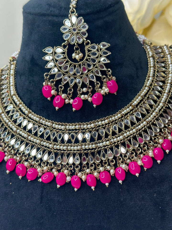 Izhaar Indian Pink Polki Kundan Necklace with Earrings Tikka / Wedding Jewelry/ Traditional Jewelry/ Sheesha Kundan/ Indian Pakistani set