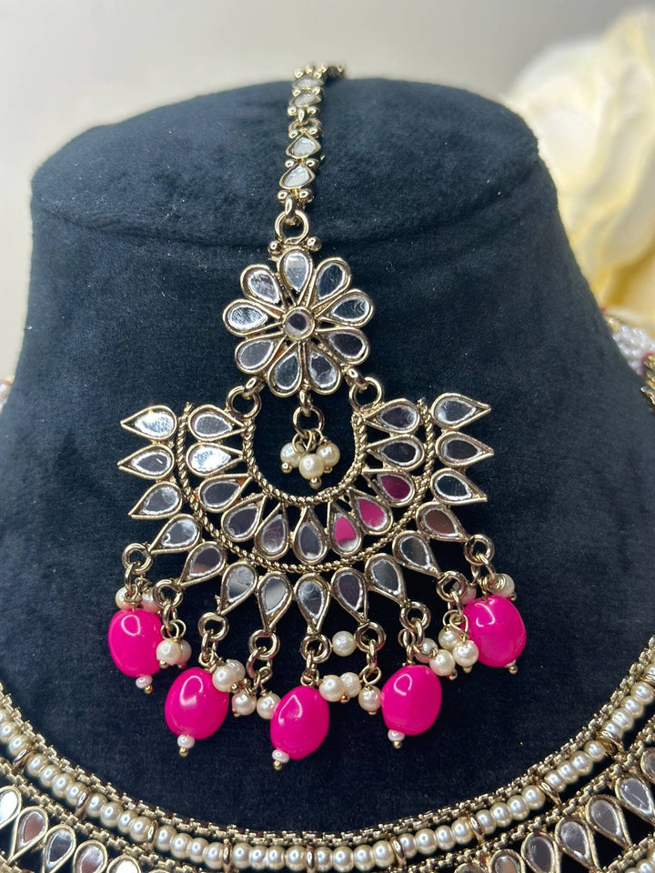 Izhaar Indian Pink Polki Kundan Necklace with Earrings Tikka / Wedding Jewelry/ Traditional Jewelry/ Sheesha Kundan/ Indian Pakistani set