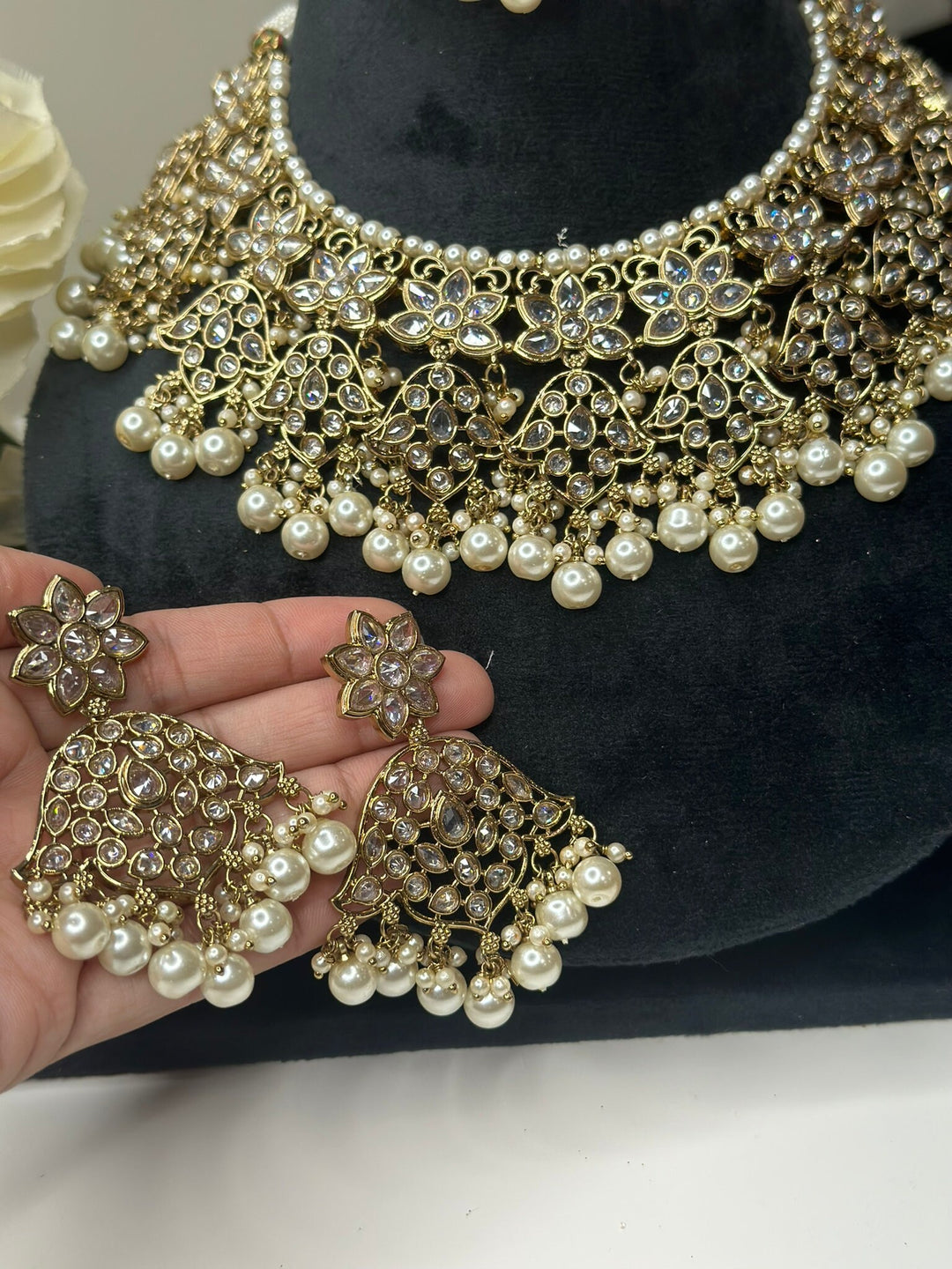 Izhaar Indian White Color Polki Reverse AD Necklace with Earrings Tikka/ Wedding Jewelry/ Traditional Jewelry/Wedding/Reverse AD.