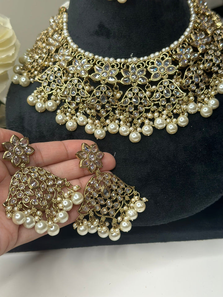 Izhaar Indian White Color Polki Reverse AD Necklace with Earrings Tikka/ Wedding Jewelry/ Traditional Jewelry/Wedding/Reverse AD.