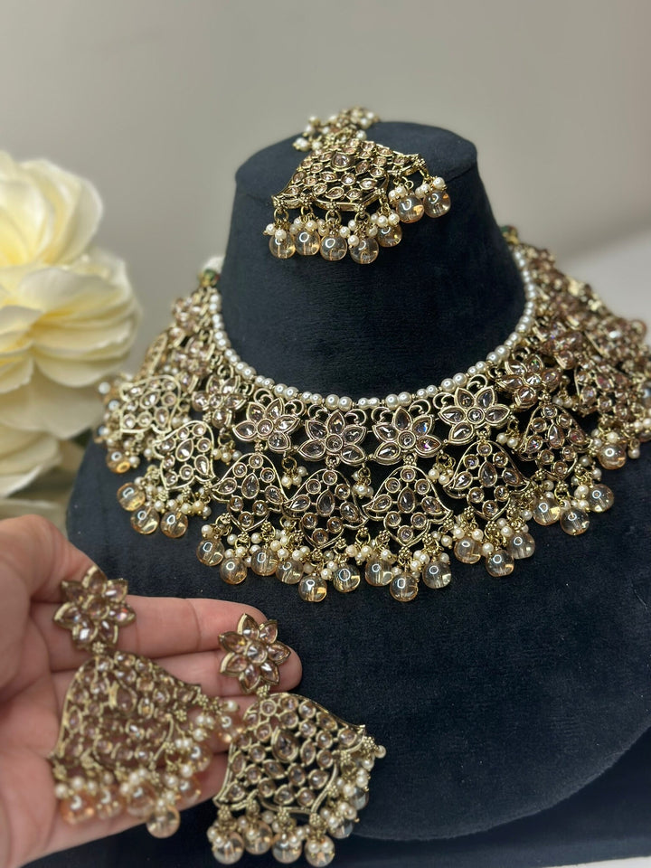 Izhaar Indian Peach Color Polki Reverse AD Necklace with Earrings Tikka/ Wedding Jewelry/ Traditional Jewelry/Wedding/Reverse AD.