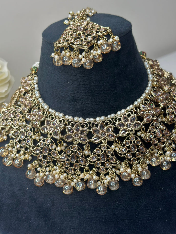 Izhaar Indian Peach Color Polki Reverse AD Necklace with Earrings Tikka/ Wedding Jewelry/ Traditional Jewelry/Wedding/Reverse AD.