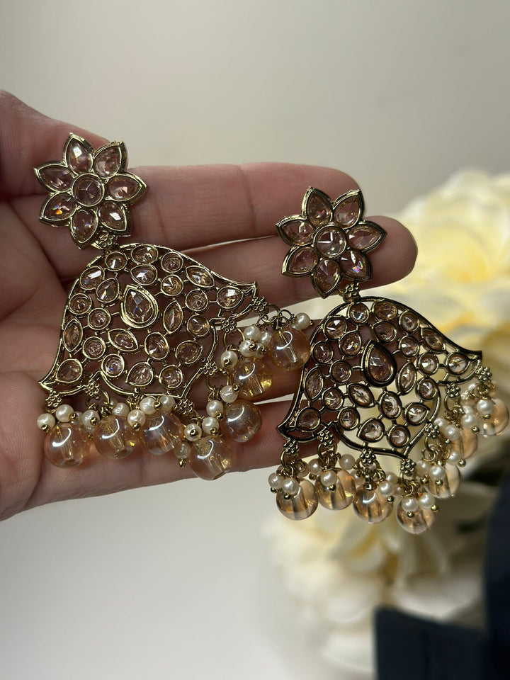 Izhaar Indian Peach Color Polki Reverse AD Necklace with Earrings Tikka/ Wedding Jewelry/ Traditional Jewelry/Wedding/Reverse AD.