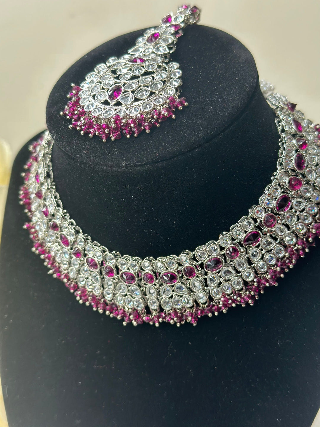 Izhaar Indian D. Pink Color Polki Reverse AD Necklace with Earrings Tikka/ Wedding Jewelry/ Traditional Jewelry/Wedding/Reverse AD.