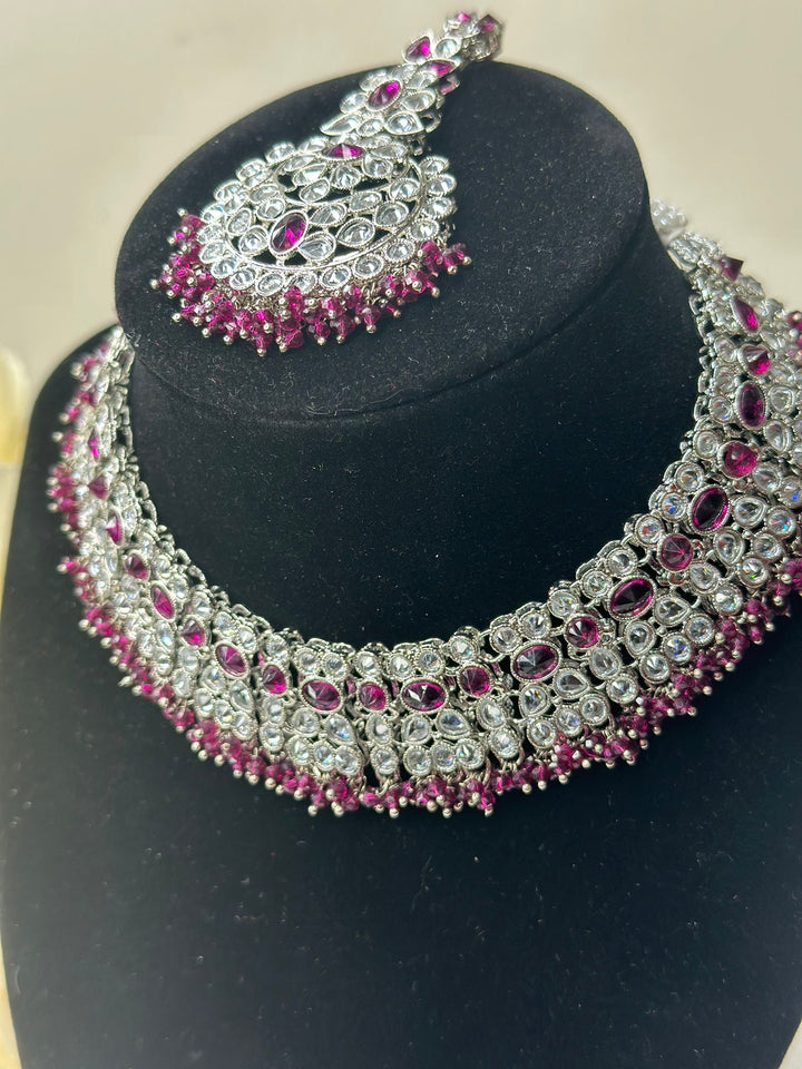Izhaar Indian D. Pink Color Polki Reverse AD Necklace with Earrings Tikka/ Wedding Jewelry/ Traditional Jewelry/Wedding/Reverse AD.