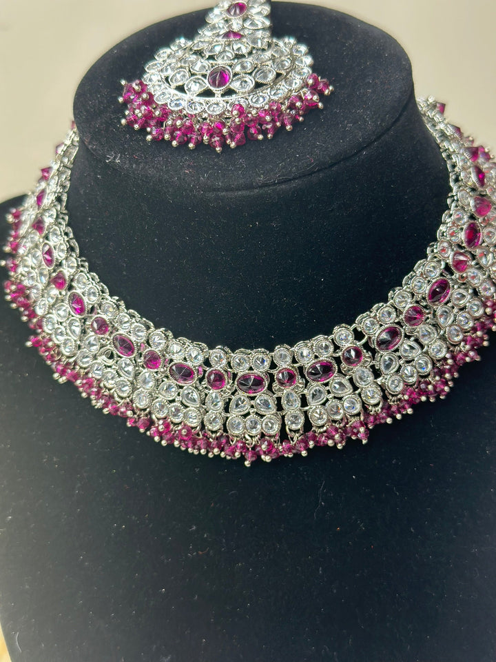 Izhaar Indian D. Pink Color Polki Reverse AD Necklace with Earrings Tikka/ Wedding Jewelry/ Traditional Jewelry/Wedding/Reverse AD.