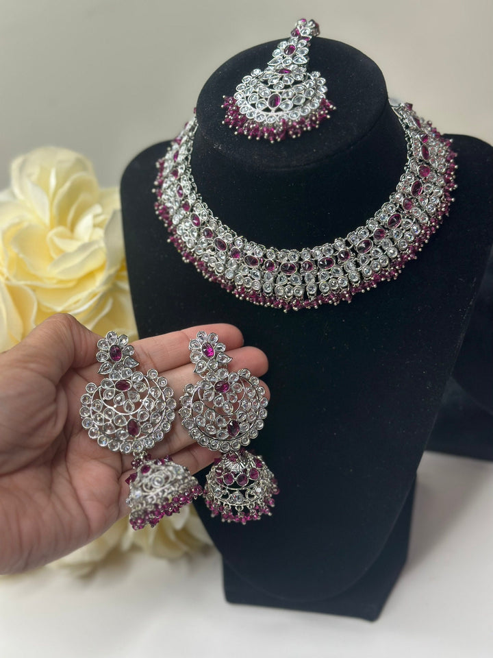 Izhaar Indian D. Pink Color Polki Reverse AD Necklace with Earrings Tikka/ Wedding Jewelry/ Traditional Jewelry/Wedding/Reverse AD.