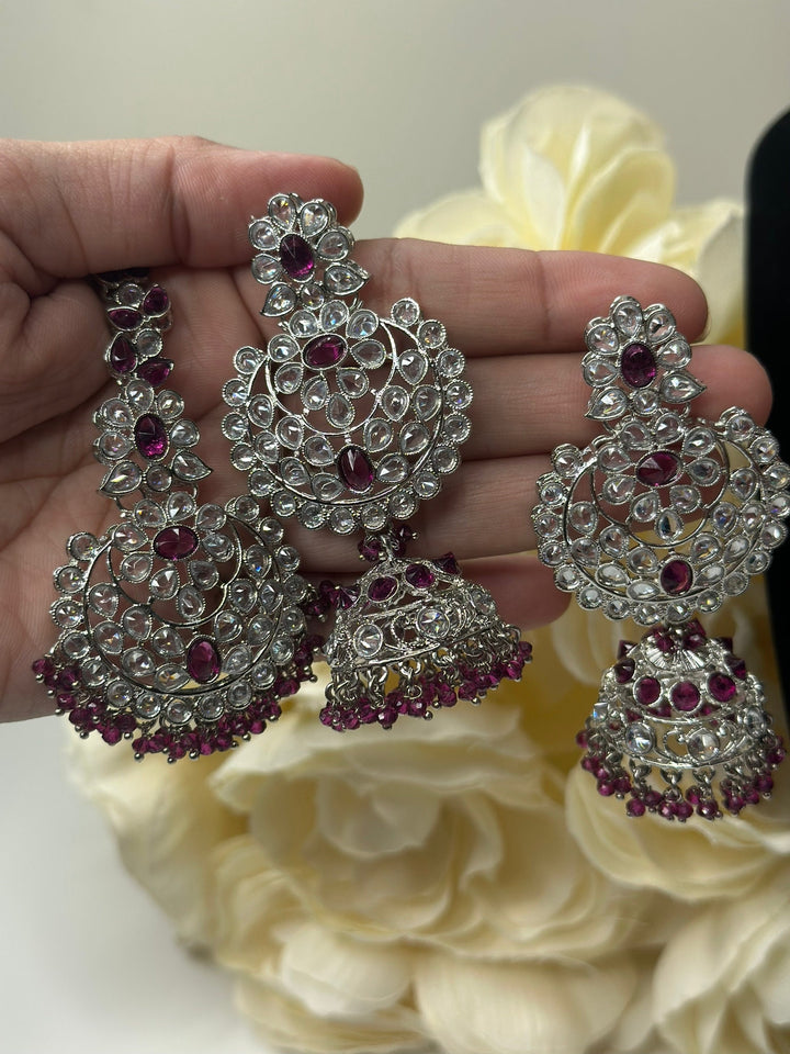 Izhaar Indian D. Pink Color Polki Reverse AD Necklace with Earrings Tikka/ Wedding Jewelry/ Traditional Jewelry/Wedding/Reverse AD.