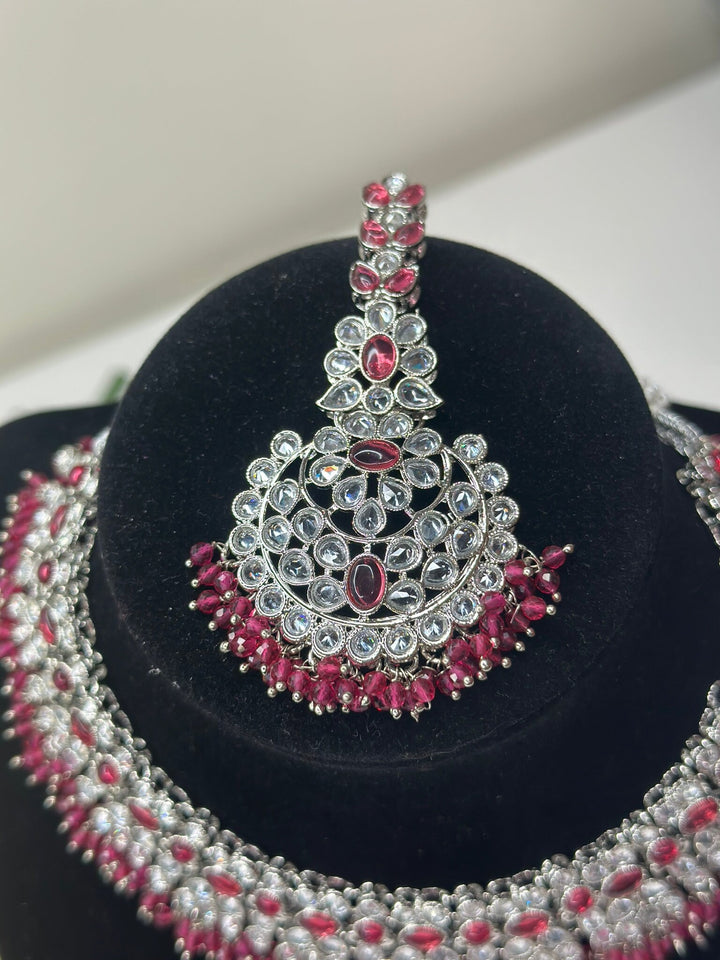 Izhaar Indian Pink Color Polki Reverse AD Necklace with Earrings Tikka/ Wedding Jewelry/ Traditional Jewelry/Wedding/Reverse AD.