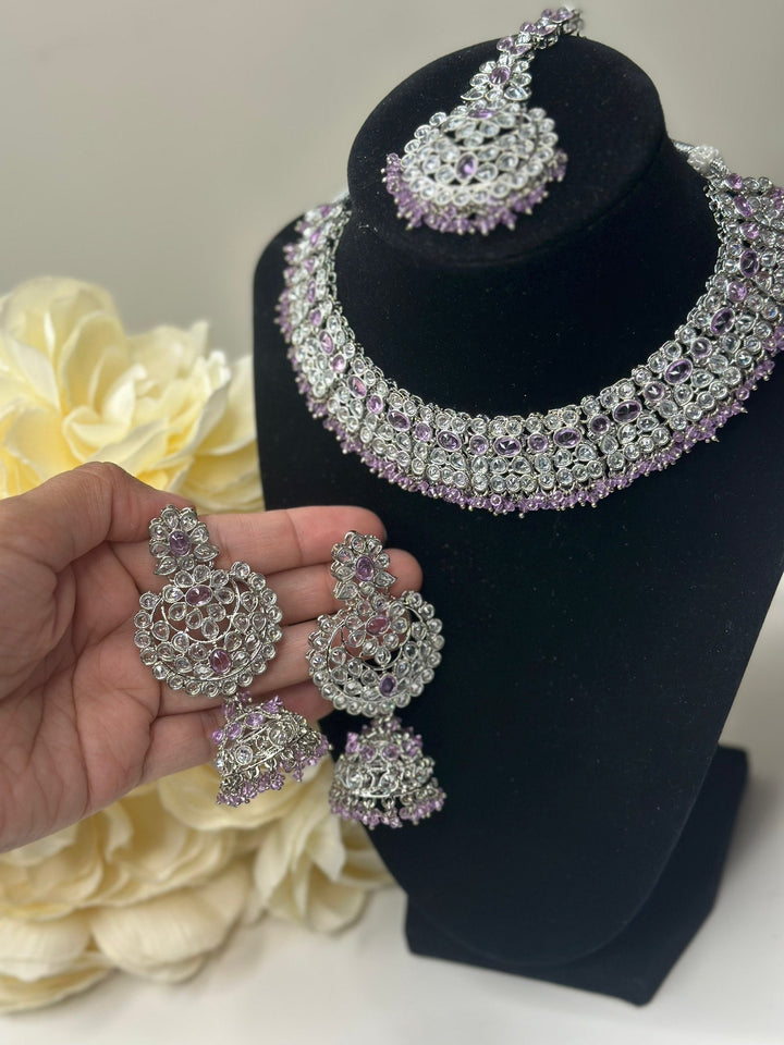 Izhaar Indian Purple Color Polki Reverse AD Necklace with Earrings Tikka/ Wedding Jewelry/ Traditional Jewelry/Wedding/Reverse AD.