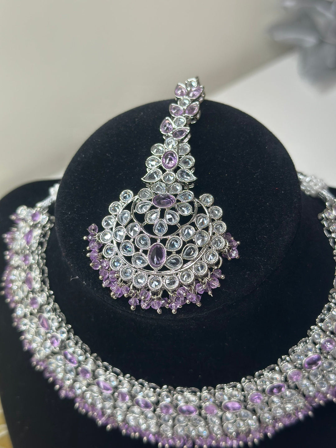 Izhaar Indian Purple Color Polki Reverse AD Necklace with Earrings Tikka/ Wedding Jewelry/ Traditional Jewelry/Wedding/Reverse AD.